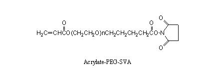 丙烯酸酯-PEG-琥珀酰亚胺戊酸酯 Acrylate-PEG-SVA (ACRL-PEG-SVA)，是两端分别包含丙烯酸酯基团和琥珀酰亚胺基团的异双官能团聚乙二醇，丙烯酸基团用于制备聚乙二醇水凝胶，N-羟基琥珀酰亚胺 (NHS) 活性酯可以和赖氨酸的胺基团在温和的反应条件，形成生理稳定的酰胺键。