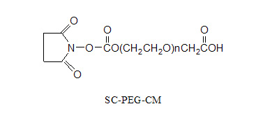 Laysan 琥珀酰亚胺碳酸酯-PEG-羧甲基 Succinimidyl Carbonate-PEG-Carboxymethyl (SC-PEG-CM)，一侧是羧甲基，另一侧是NHS酯的双官能团聚乙二醇。N-羟基琥珀酰亚胺 (NHS) 活性酯可以和赖氨酸的胺基团在温和的反应条件，形成生理稳定的酰胺键。聚乙二醇羧酸可以使氨基与肽偶合试剂反应，例如NHS 和DCC, EDC。