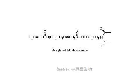 丙烯酸酯聚乙二醇马来酰亚胺 Acrylate-PEG-Maleimide (ACRL-PEG-MAL)，是两端分别包含丙烯酸酯基团和马来酰亚胺基团的异双官能团聚乙二醇，丙烯酸基团用于制备聚乙二醇水凝胶，马来酰亚胺在PH6.5-7.5很容易形成稳定的硫醚键。